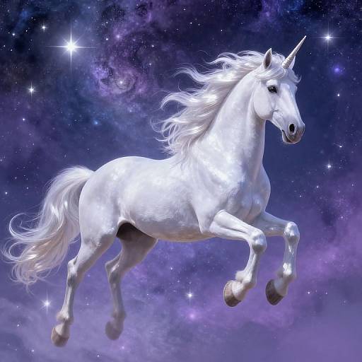 Digital artwork of a white, shimmering unicorn with flowing mane and tail, mid-leap against a starry, purple cosmic background.