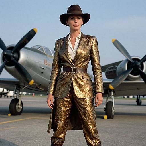 Photorealistic CGI: confident woman in metallic gold suit and black hat stands in front of two vintage propeller planes on a sunny tarmac.