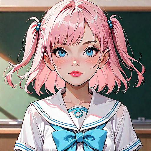 Light Pink-Haired Schoolgirl in Classroom