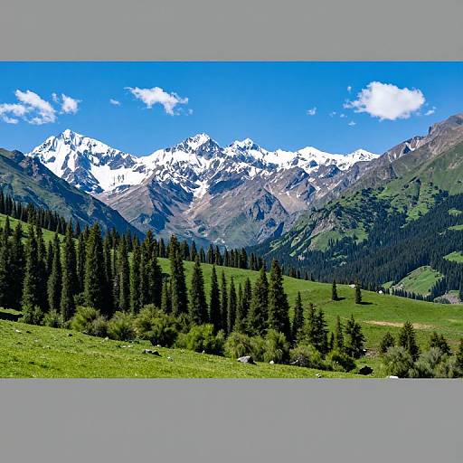 Photograph of a vibrant mountain landscape with snow-capped peaks, lush green valleys, dense pine forests, and a clear blue sky.