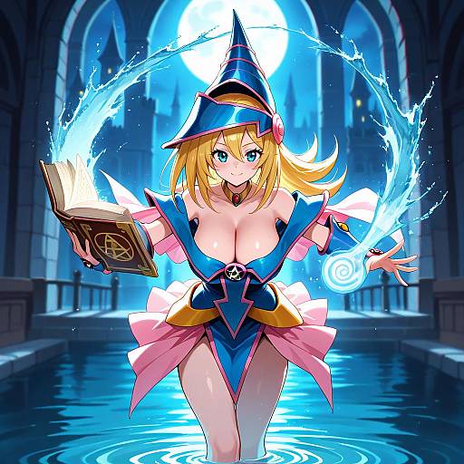 Dark Magician Girl Casting Spell in Moonlit Castle