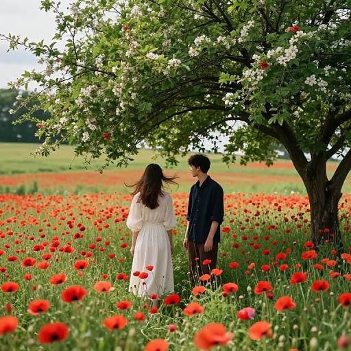 Photograph of a couple standing in a vibrant red poppy field under a blooming tree, with the woman in a white dress and the man in