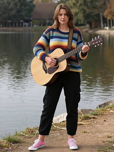 Photograph of a young woman with wavy brown hair, wearing a colorful striped sweater, black pants, and pink sneakers, playing an acoustic guitar by