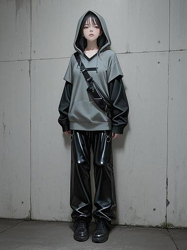 Edgy Woman in Black Faux Leather Pants and Grey Hoodie