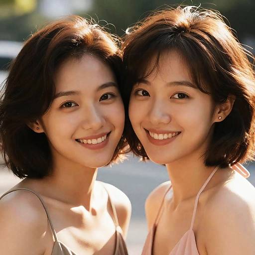 Two Smiling Women with Short Wavy Hair Outdoors