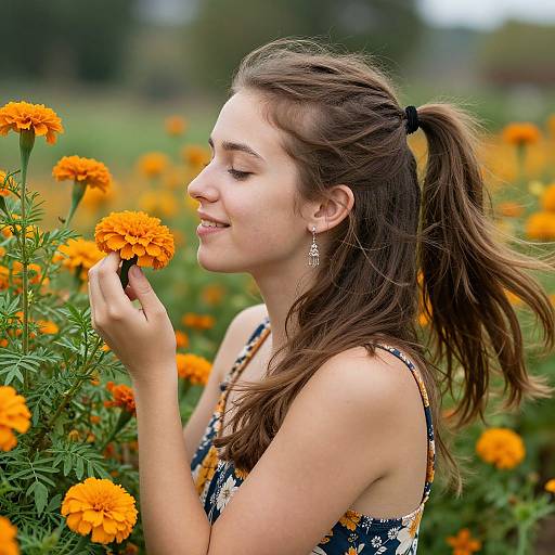 Photograph of a smiling young woman with brown hair in a ponytail, wearing a floral dress, holding an orange marigold flower in a vibrant