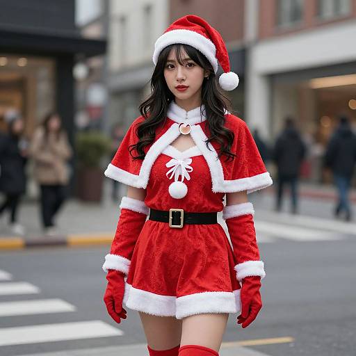Photograph of an Asian woman with long black hair, wearing a red Santa-themed outfit with white fur trim, red gloves, and a Santa hat,