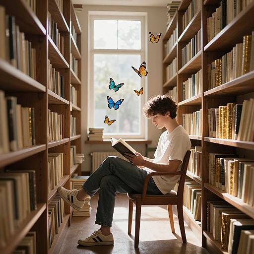Photograph of a curly-haired boy in a white t-shirt and jeans, reading a book in a sunlit library with tall bookshelves, surrounded