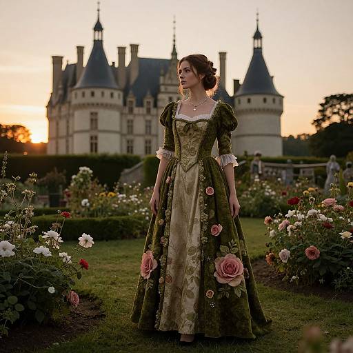 Photograph of a woman in an ornate, green and gold floral gown with pink roses, standing in a sunlit garden before a French chateau