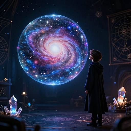 Photograph of a child in a dark cloak, standing on a stage, gazing at a glowing, colorful galaxy sphere surrounded by crystals, in a