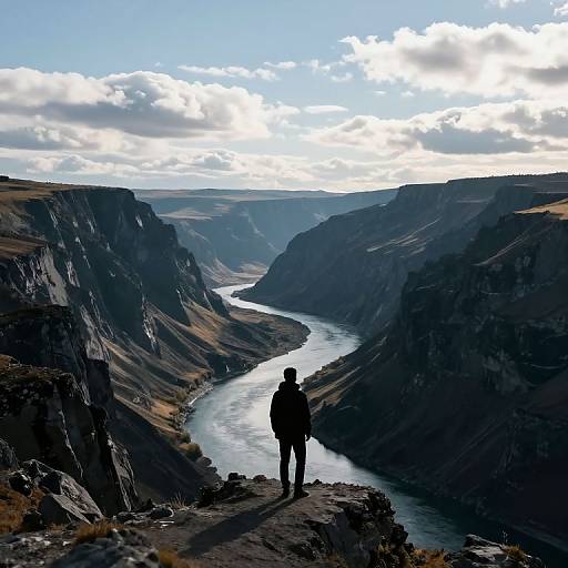 Photograph of a lone hiker in silhouette standing on a rocky cliff, overlooking a winding river through a dramatic, sunlit canyon.