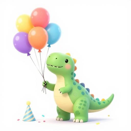 Cute, green, cartoon dinosaur holding colorful balloons and a party hat, standing on white background. Digital art with soft colors.
