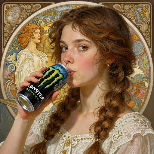 Photorealistic digital artwork of a young woman with braided brown hair, drinking a Monster Energy can, wearing a white lace dress, with an intricate