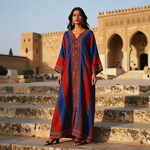 Photograph of a dark-haired woman in a red and blue embroidered long robe standing on stone steps in front of a sunlit, arched, historic