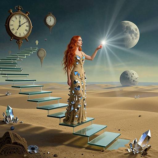 Surreal Crimson-Haired Woman on Glass Staircase