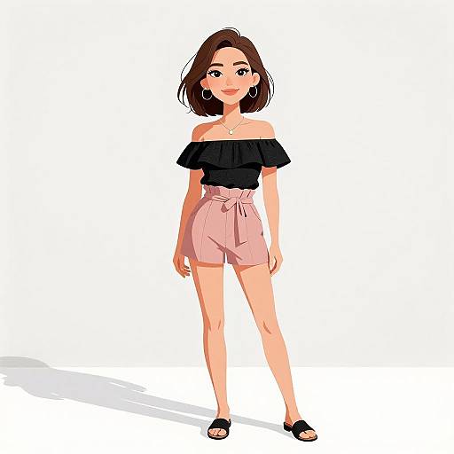 Digital illustration of a smiling young woman with fair skin, brown bob haircut, wearing an off-shoulder black top, pink high-waisted shorts