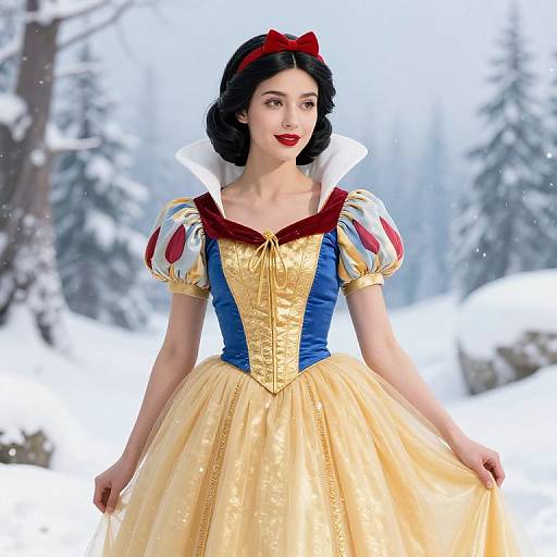 Digital rendering of Snow White in her iconic yellow and blue dress with red accents, white collar, and red headband, standing in a snowy forest.