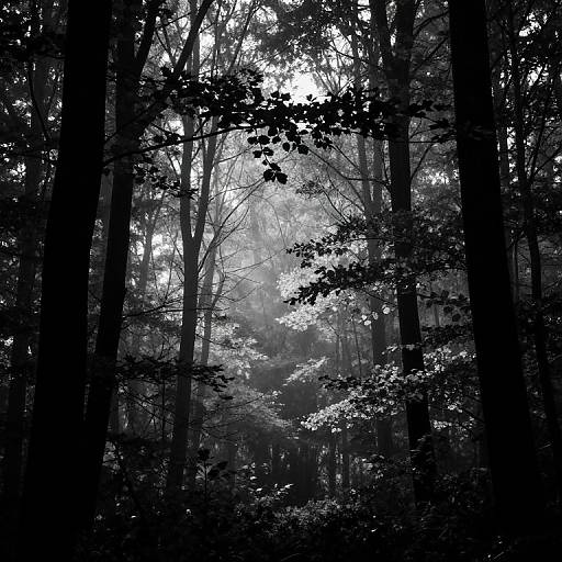 Black-and-white photograph of a dense forest with tall, slender trees, misty light filtering through leaves, creating a mysterious, ethereal atmosphere.