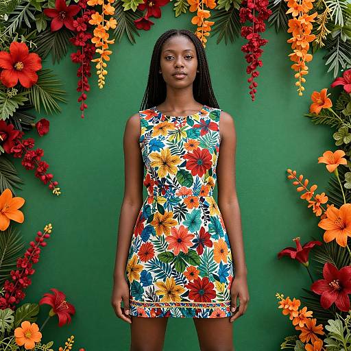 Photograph of a Black woman with long braided hair, wearing a colorful floral sleeveless dress, standing against a green wall adorned with vibrant orange,