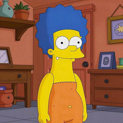 Cartoon image of yellow-skinned, blue-haired woman with large afro, wearing an orange towel, standing in a cozy, orange-walled room