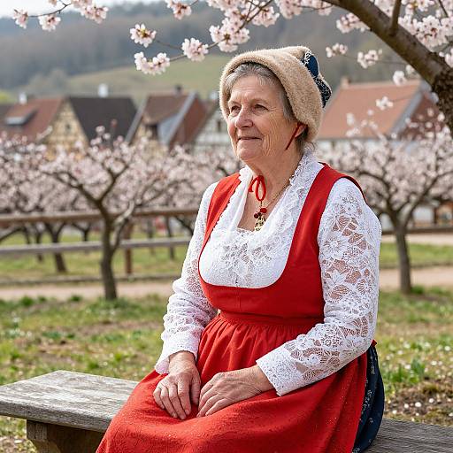 Photograph of an elderly woman with gray hair, wearing a red dress, white lace blouse, and beige hat, sitting on a bench under cherry bloss