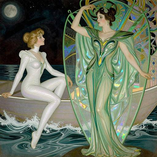 Art Nouveau-style digital illustration of two women in ornate, glowing dresses, one seated in a boat, the other standing with iridescent wings