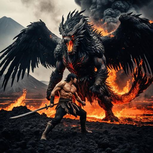 Berserker Fighting Fiery Phoenix on Volcanic Plain