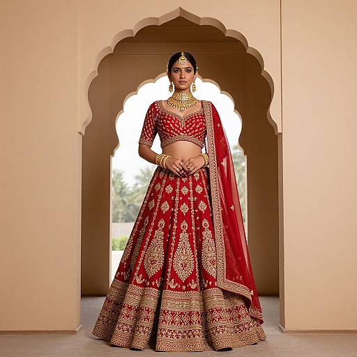 Photograph of an Indian bride in a red and gold embroidered lehenga, standing in an arched doorway, wearing a choker and maang tik