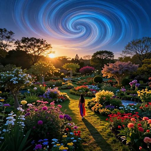 Photograph of a vibrant garden at sunset with swirling blue sky, colorful flowers, and a lone figure in red walking a path.
