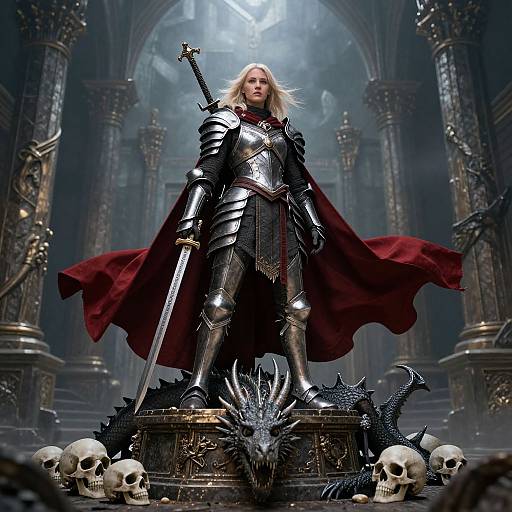 Digital artwork of a blonde, armored warrior with a red cape, standing on a dragon-shaped throne amid skulls and Gothic architecture.