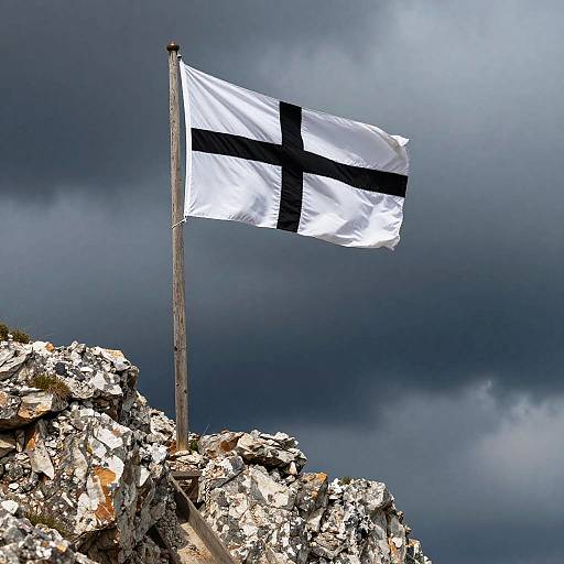 White Flag with Black Cross on Cliff