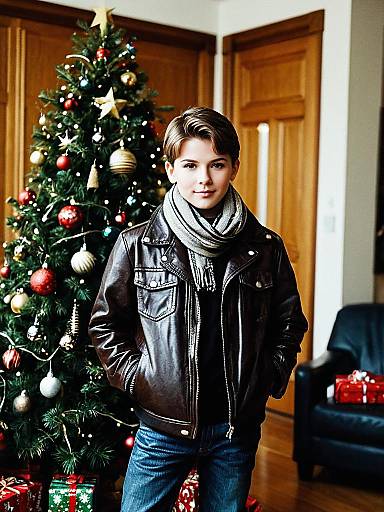 Boy in Leather Jacket Standing by Christmas Tree