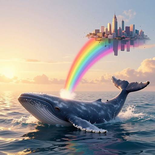 Photorealistic CGI of a humpback whale emerging from ocean waves with a rainbow arcing above, city skyline reflected in water.