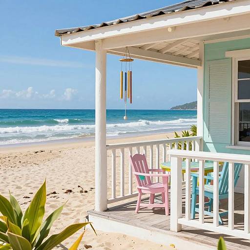 Bright beachside porch photograph: white house, pastel pink chair, turquoise table, hanging colorful glass pendants, ocean waves, sandy shore, clear