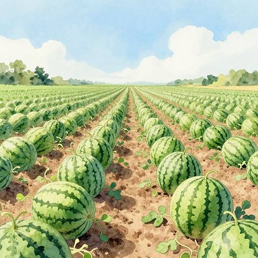 Watercolor-style digital drawing of a vast, sunlit watermelon field with rows of green-striped watermelons under a bright blue sky.