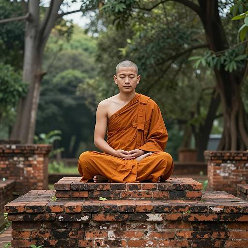 Buddhist monk meditating on ancient brick ruins