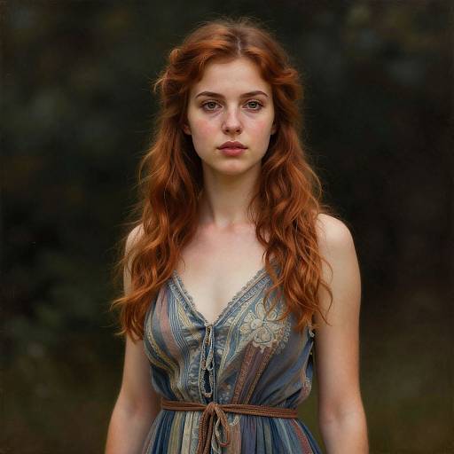 Photograph of a fair-skinned, red-haired young woman with wavy hair, wearing a blue, patterned, V-neck dress, against a