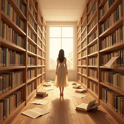Photograph-style digital art: Silhouette of a girl in a white dress walks down a sunlit, wooden-floored library aisle, surrounded by