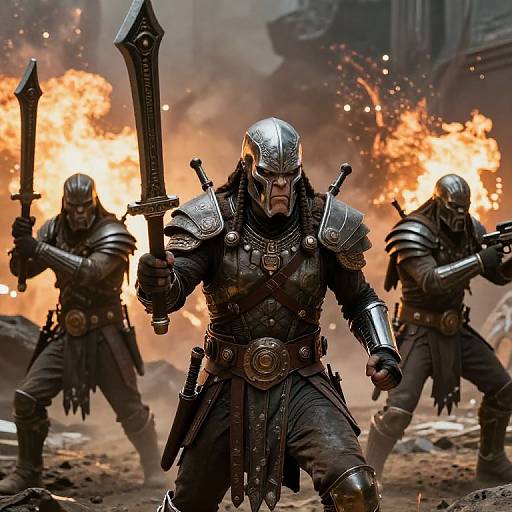 Photorealistic CGI of armored warriors in fiery battle, leading with large swords; intense flames in the background, dark, gritty atmosphere.
