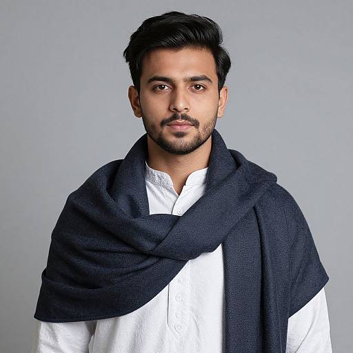 Photograph of a young South Asian man with short black hair and beard, wearing a white shirt and dark blue shawl, against a plain gray background