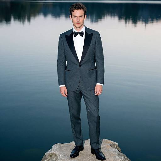 Photograph of a handsome man in a black tuxedo with a white shirt and black bow tie, standing on a rock by a calm, reflective