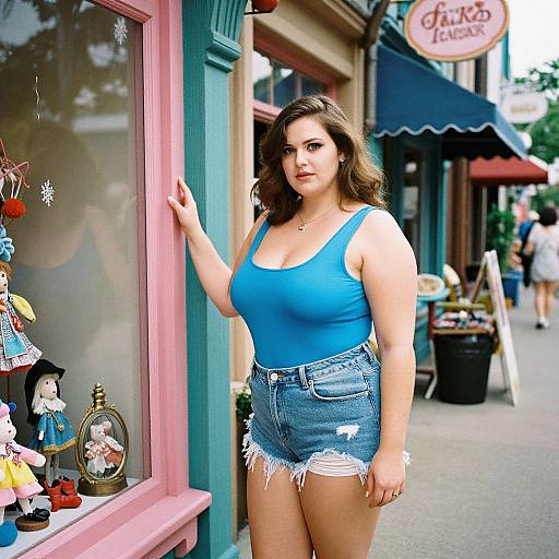 Photograph of a curvy, fair-skinned woman with long brown hair, wearing a blue tank top and frayed denim shorts, standing outside a
