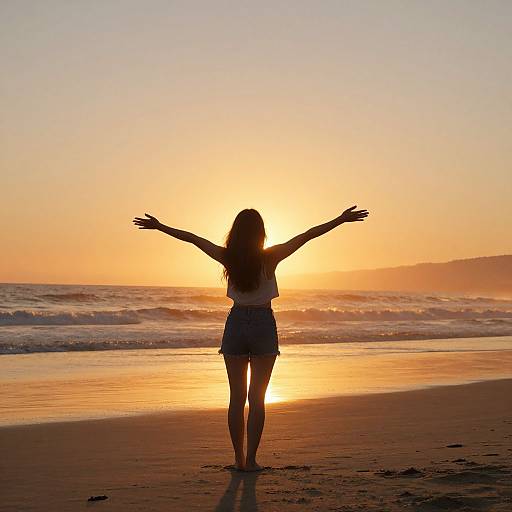 Photograph of a woman with long hair, wearing a white crop top and denim shorts, standing on a beach with arms outstretched, silhou