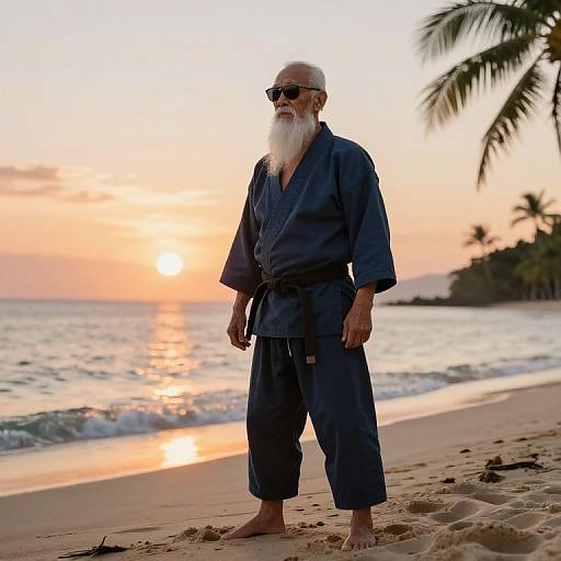 Photograph of an elderly white man with a long white beard, wearing dark blue martial arts outfit, sunglasses, standing barefoot on a beach at sunset