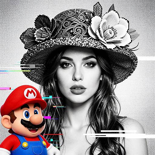 Monochrome portrait of a woman with a detailed floral hat, superimposed with a colorful, digital Mario character in the bottom left.