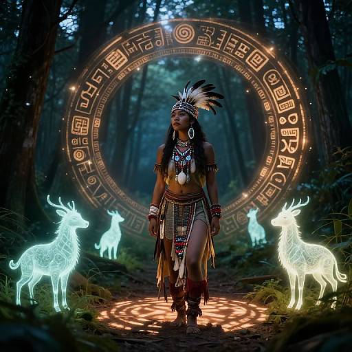 Photograph of a Native American warrior in tribal attire, feathered headdress, and beaded necklace, walking through a forest illuminated by glowing deer and