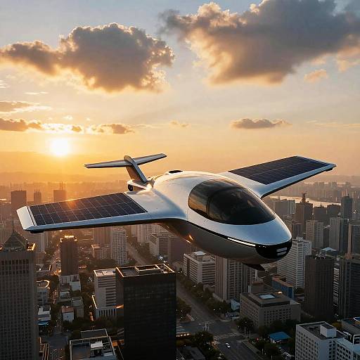 Futuristic Flying Vehicle Over City