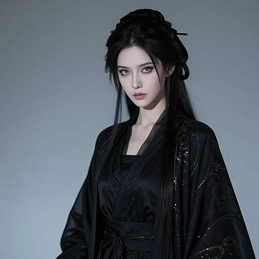 Photograph of a pale-skinned, dark-haired woman with blue eyes, wearing a black, intricately patterned kimono, set against a gradient