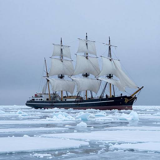 Photograph of a black, three-mast sailboat with white sails sailing through icy, fragmented sea ice under a pale, overcast sky.