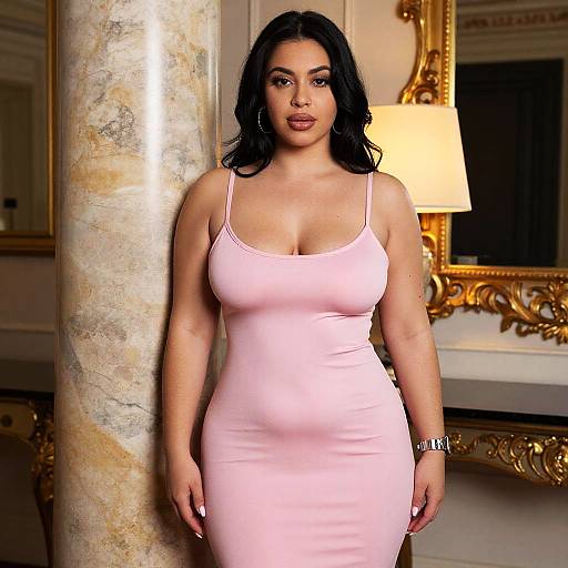 Photograph of a curvy woman with long black hair, wearing a tight pink dress, standing against a marble column in an ornate, gold-fr